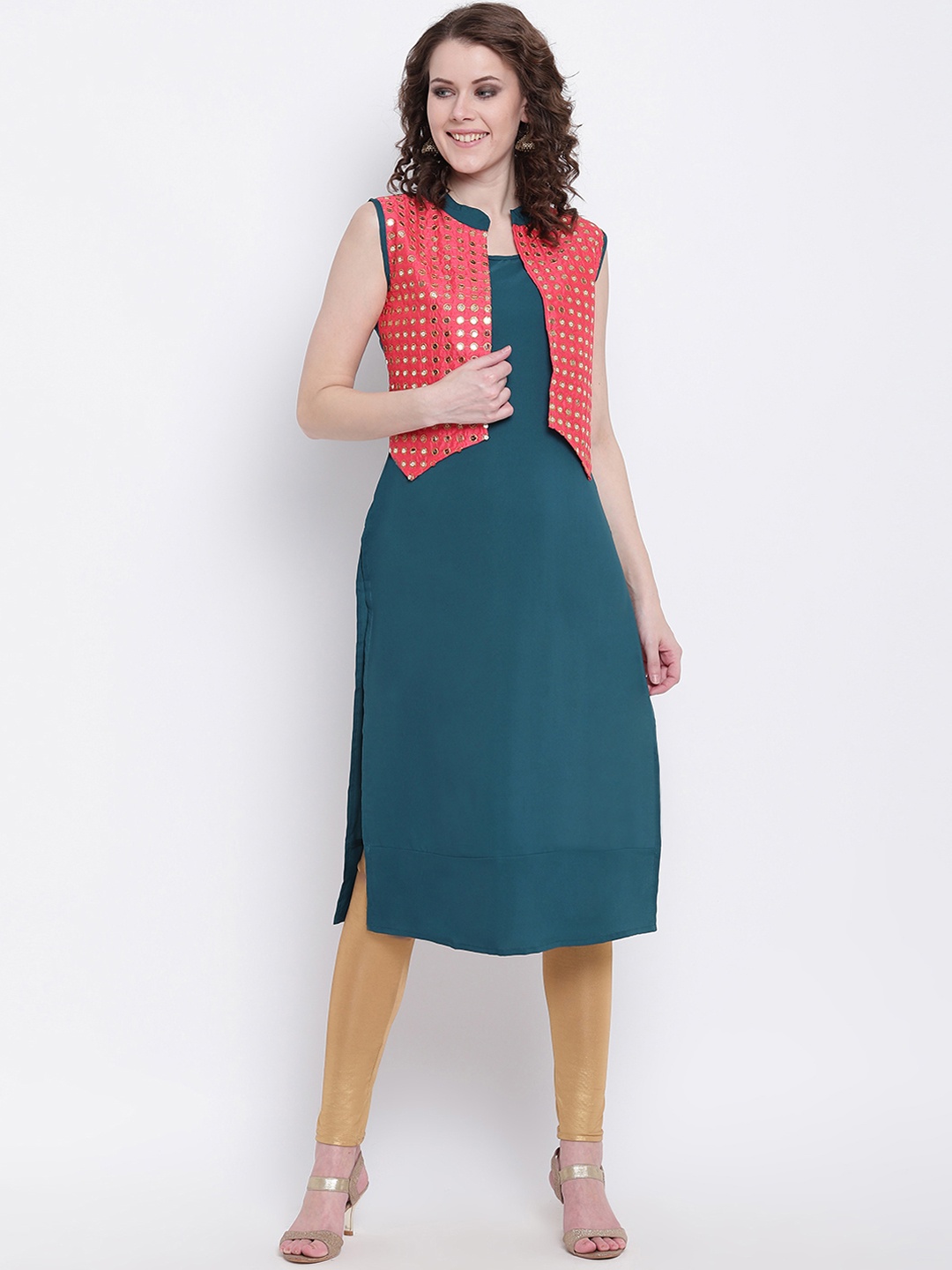 

Napra Women Teal Green & Coral Orange Embellished Straight Kurta with Ethnic Jacket