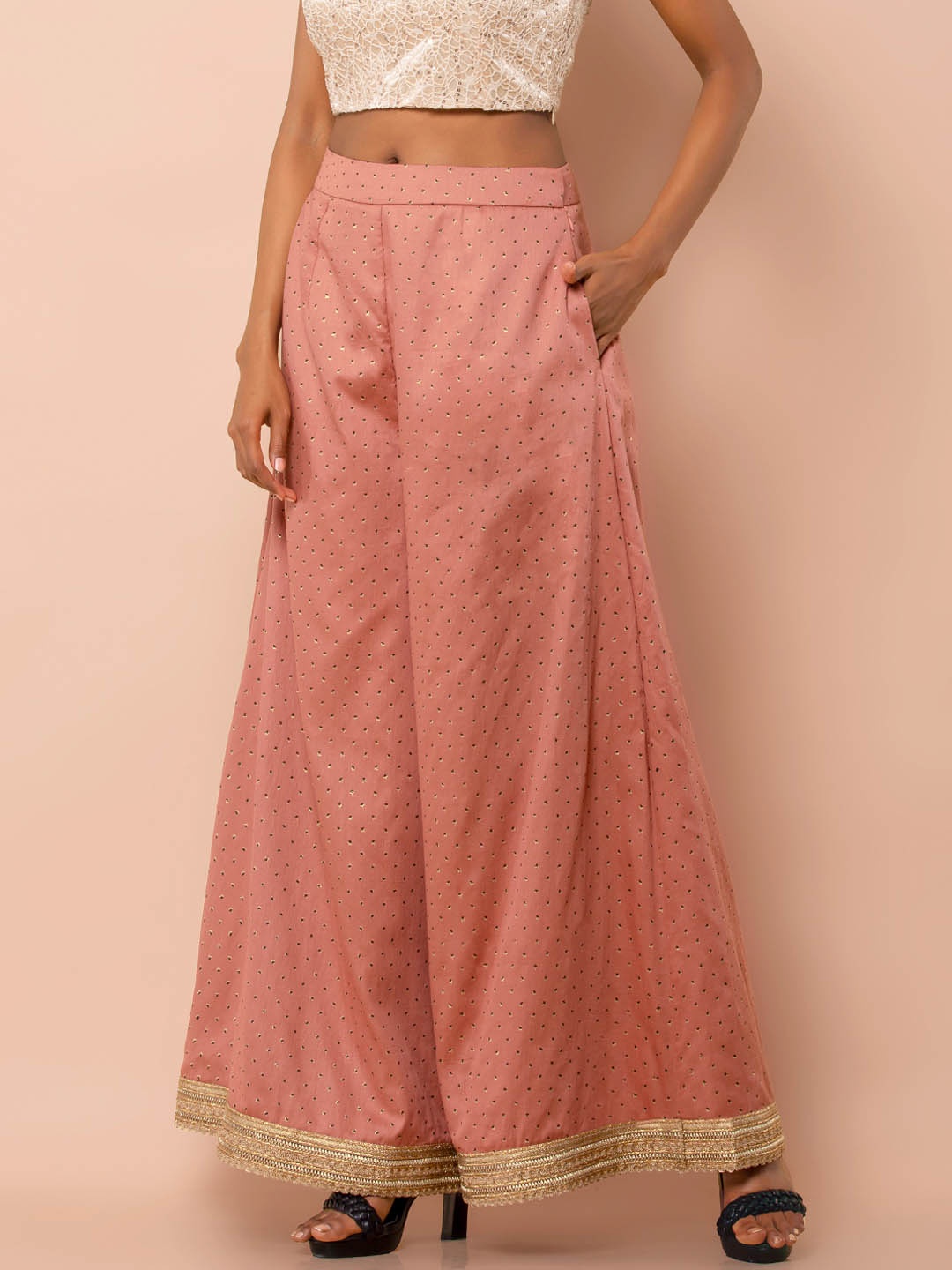

INDYA Women Pink Foil Printed Flared Palazzos