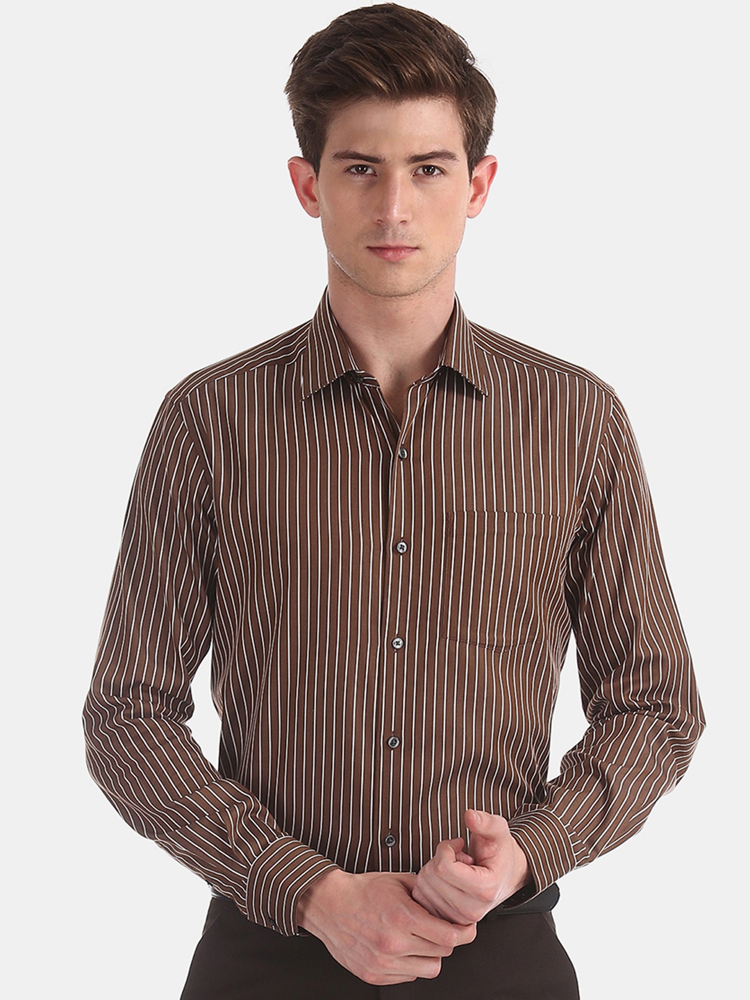 

Arrow Men Brown & White Slim Fit Striped Formal Shirt