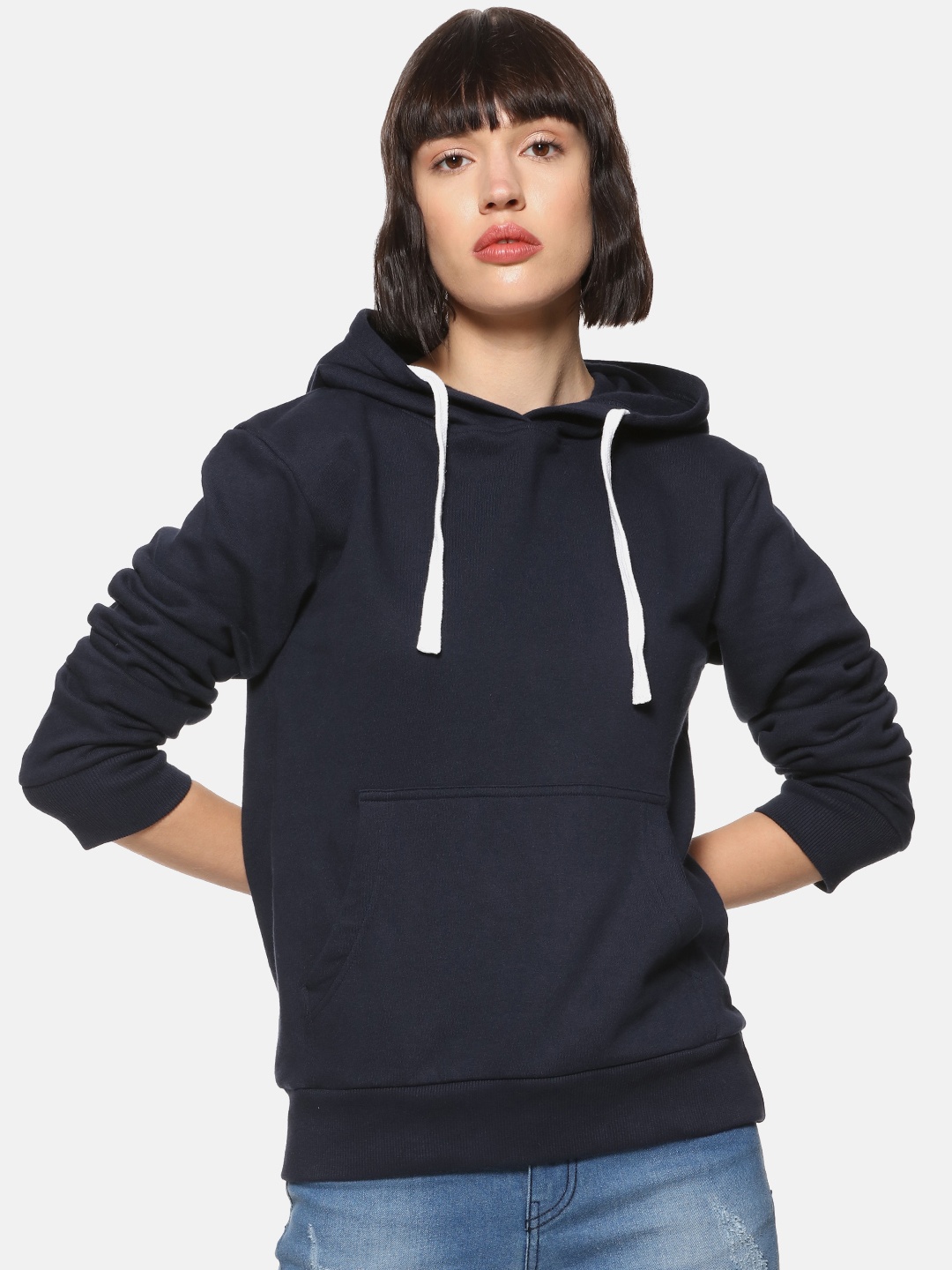 Campus Sutra Women Blue Solid Hooded Sweatshirt