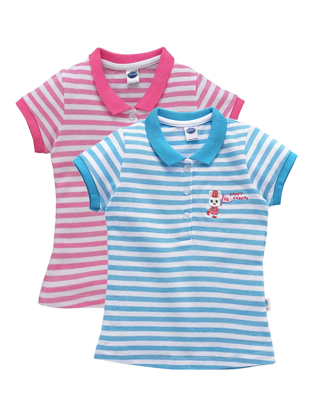 

Teddy Girls Pack Of 2 Striped Polo Collar Pure Cotton T-shirts, Pink