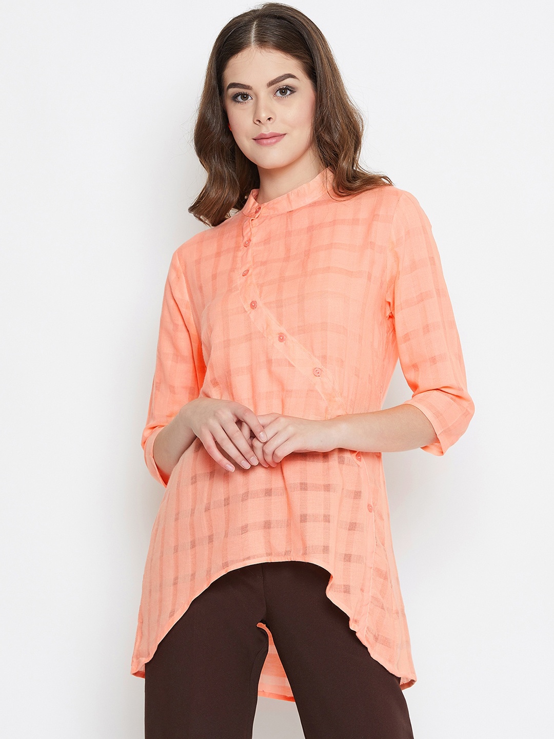 

Ruhaans Women Peach-Coloured Checked High Low Tunic