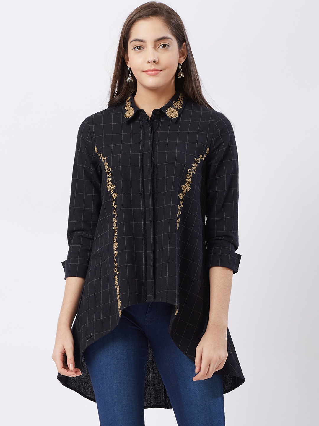 

Fusion Beats Navy Blue & Beige Checked High Low Tunic