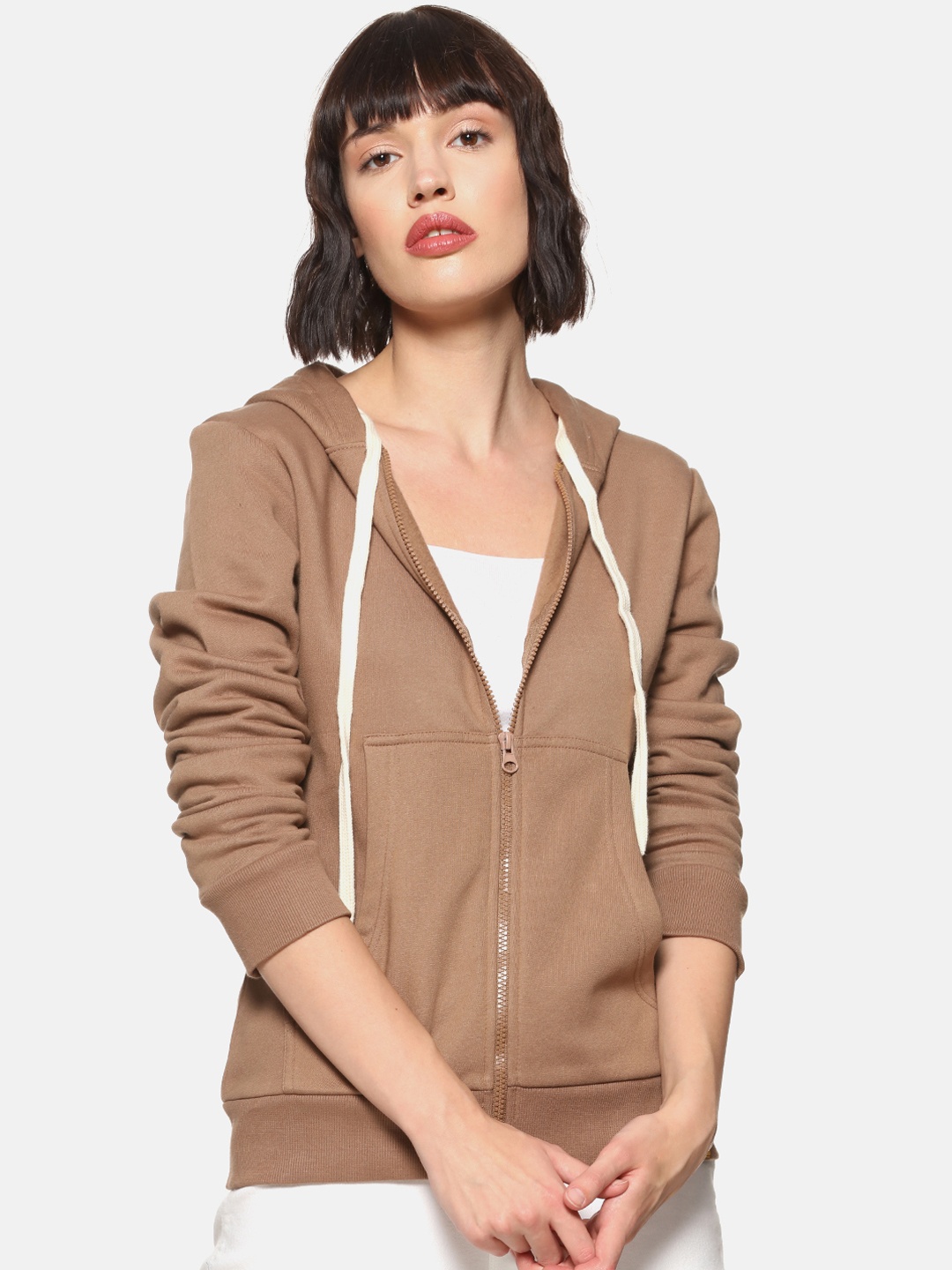 

Campus Sutra Women Brown Solid Hooded Sweatshirt