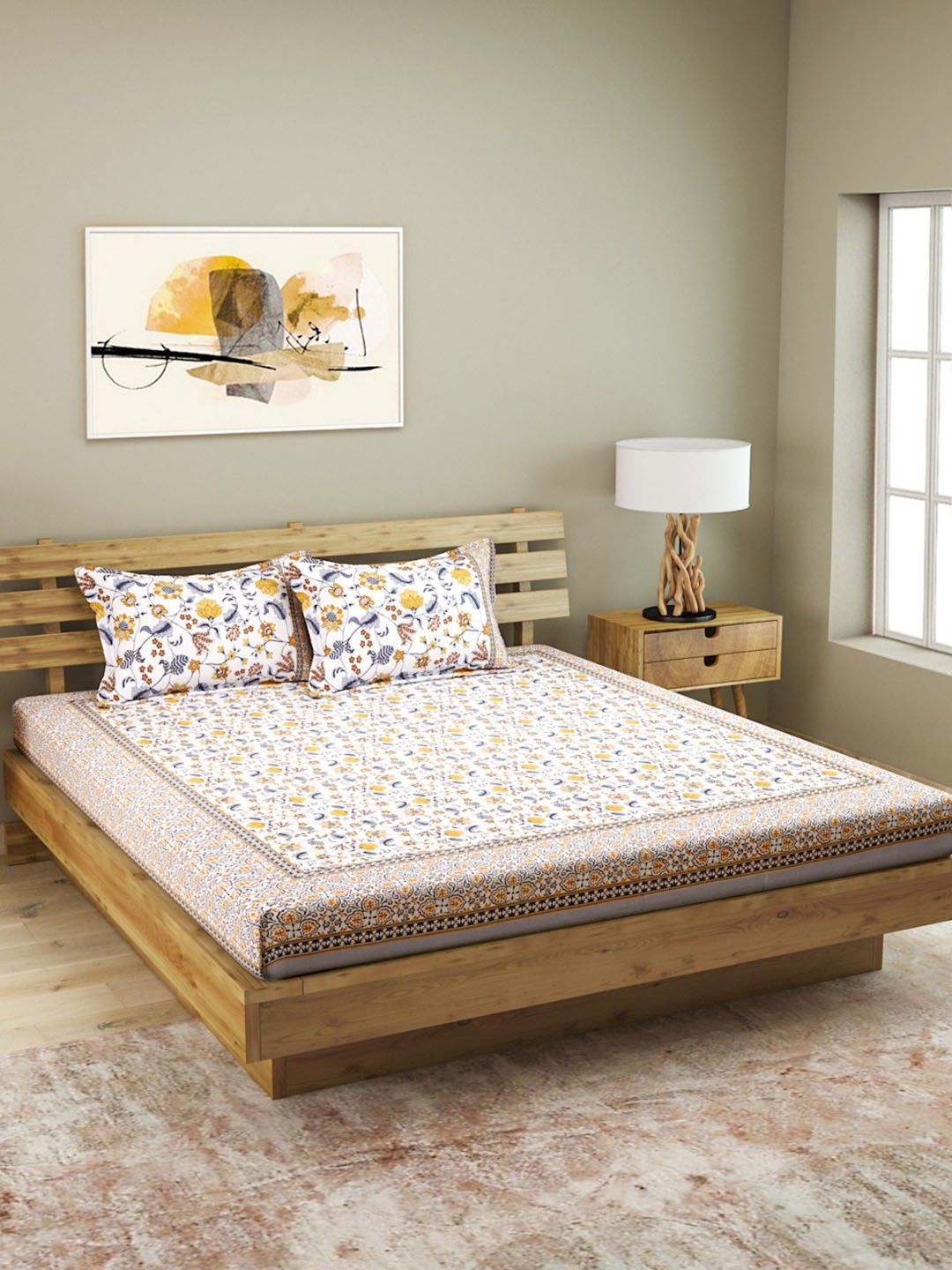 

ROMEE White & Yellow Floral 210 TC Cotton 1 King Bedsheet with 2 Pillow Covers