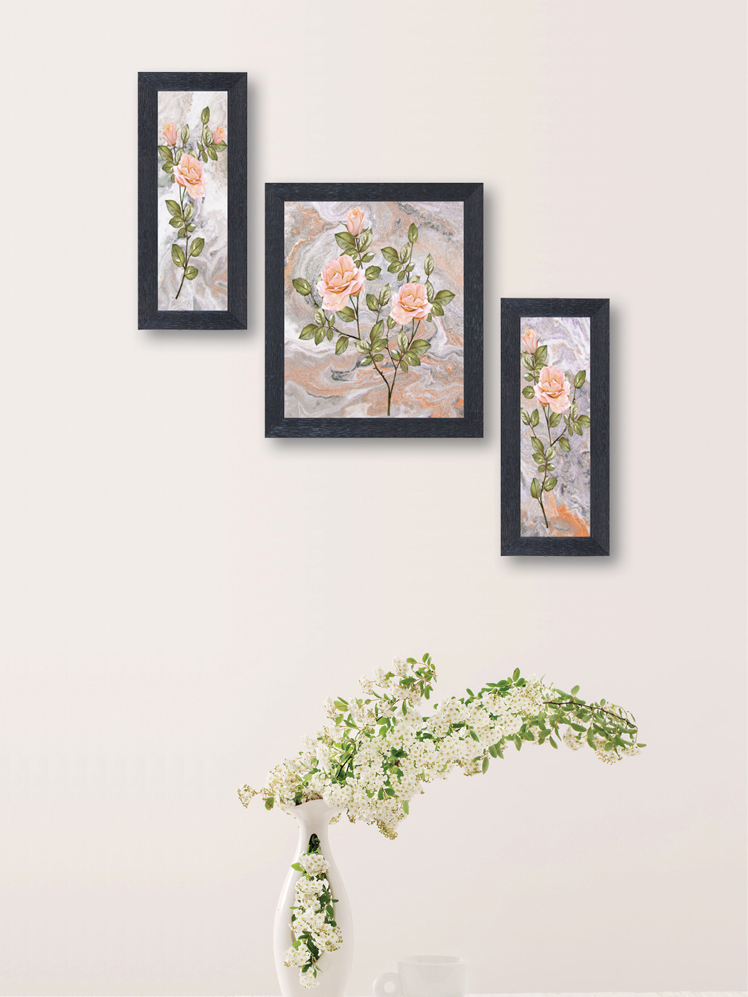 

nest ART Set of 3 Pink & Green Synthetic Wood Rose Paintings Wall Art