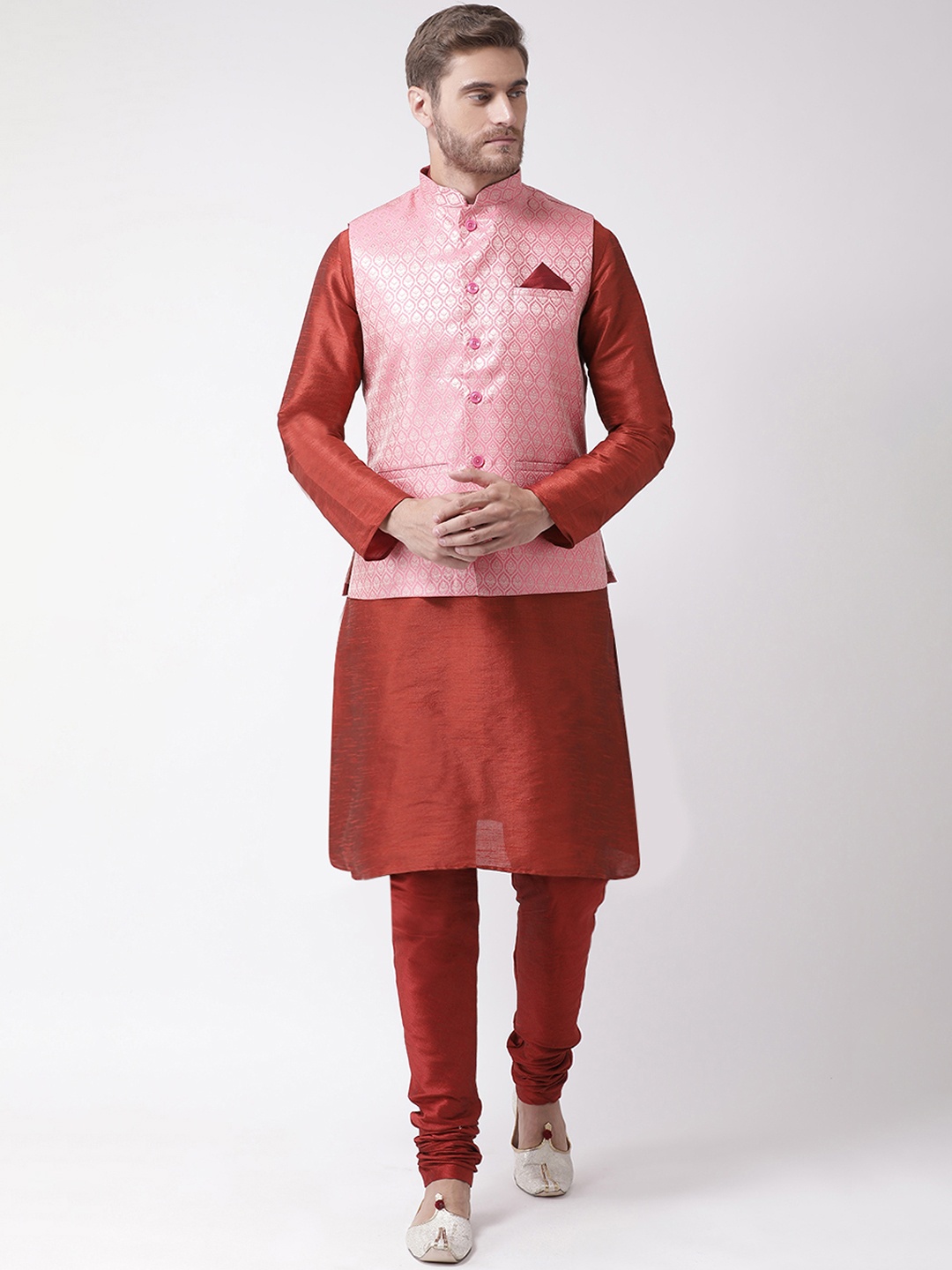 

DEYANN Men Red & Pink Dupion Silk Kurta Set