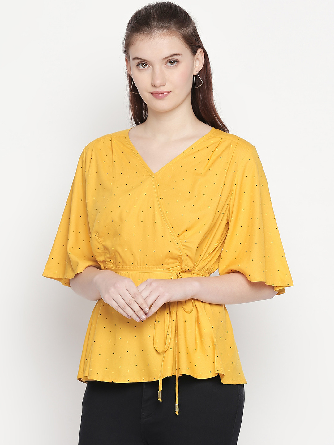

Honey by Pantaloons Women Mustard Yellow Printed Wrap Top