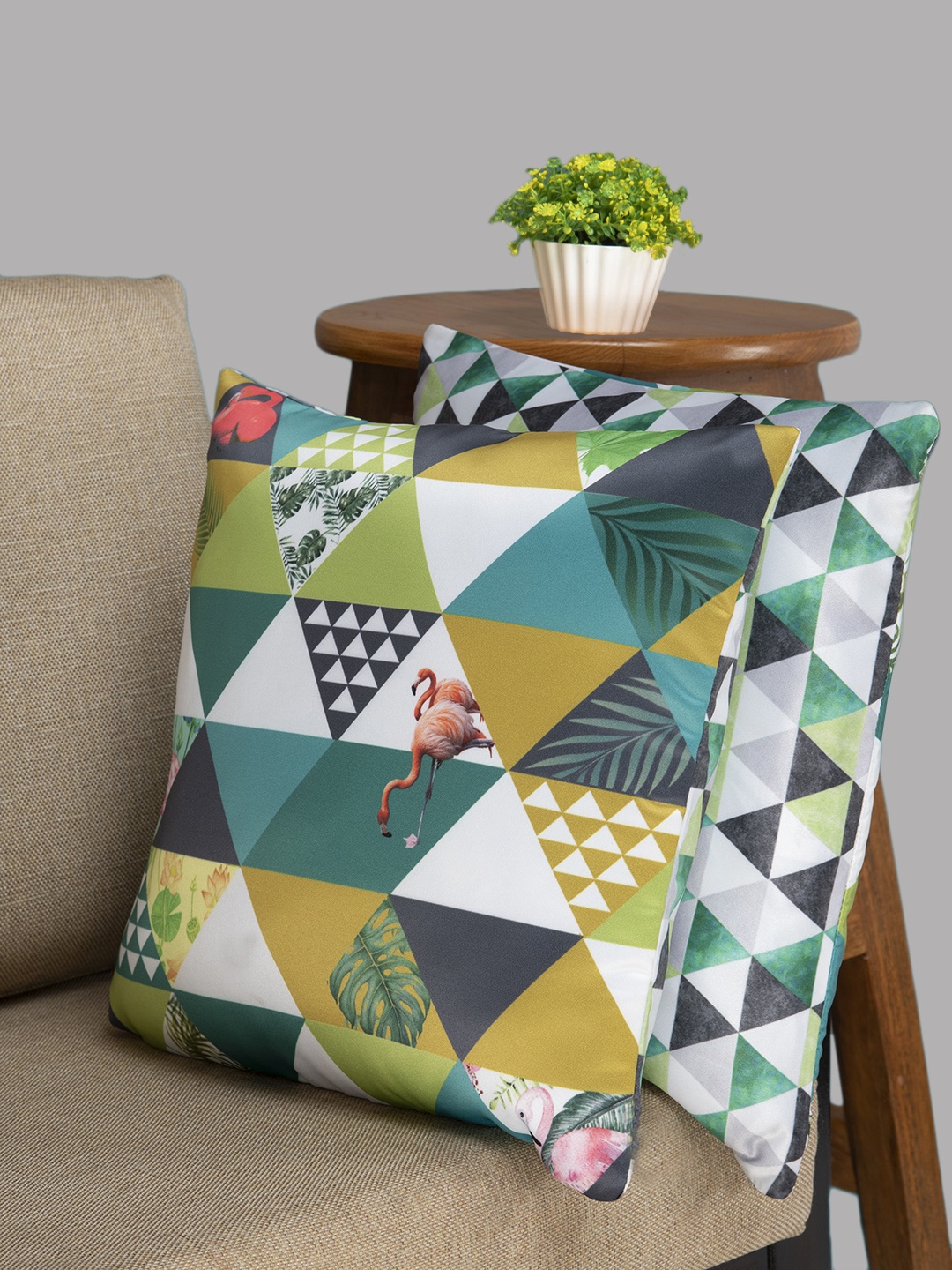 

HOUZZCODE Green & Black Printed Set of 2 Geometric Square Cushion Covers