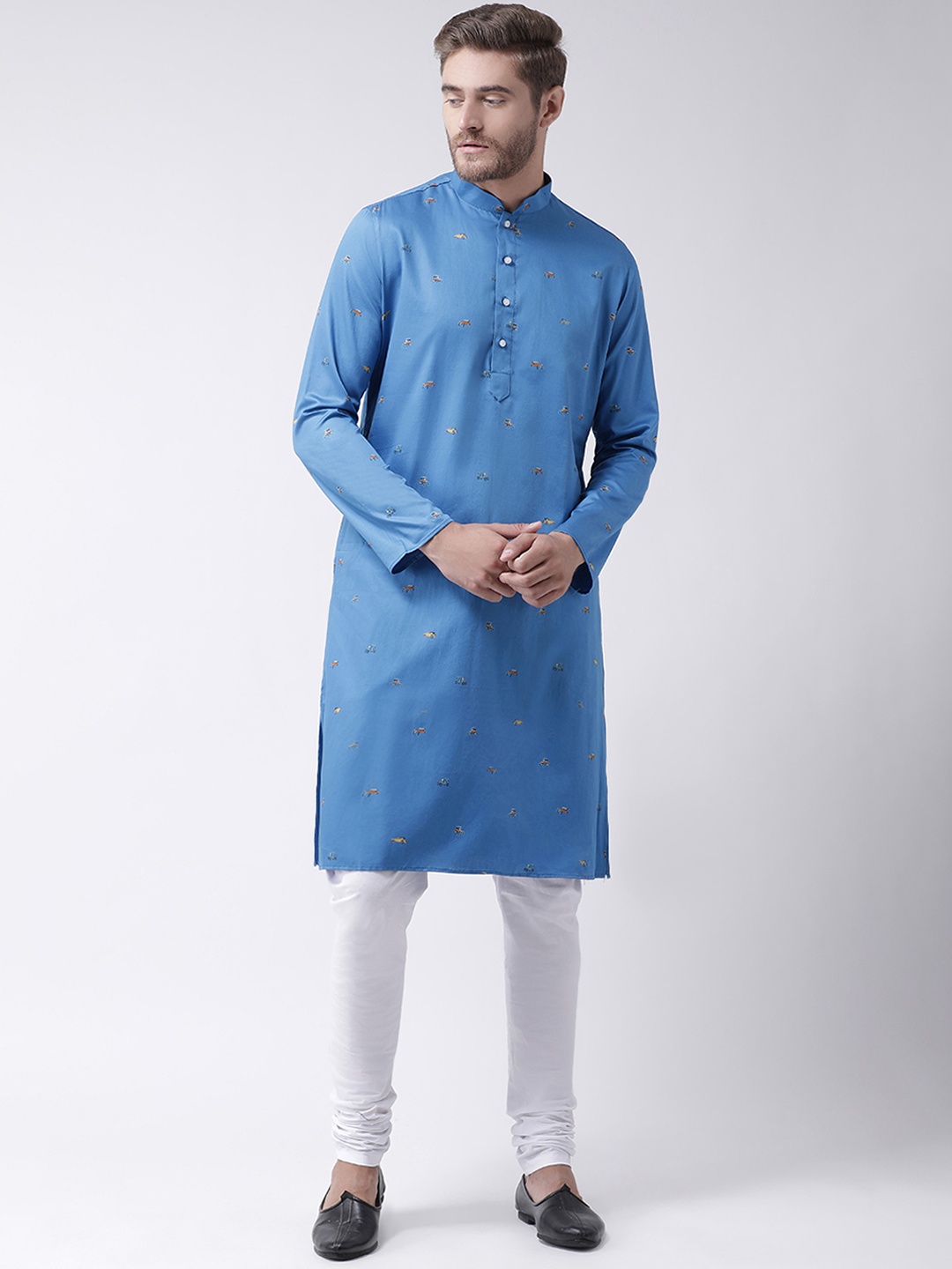 DEYANN Men Blue & White Printed Kurta with Churidar