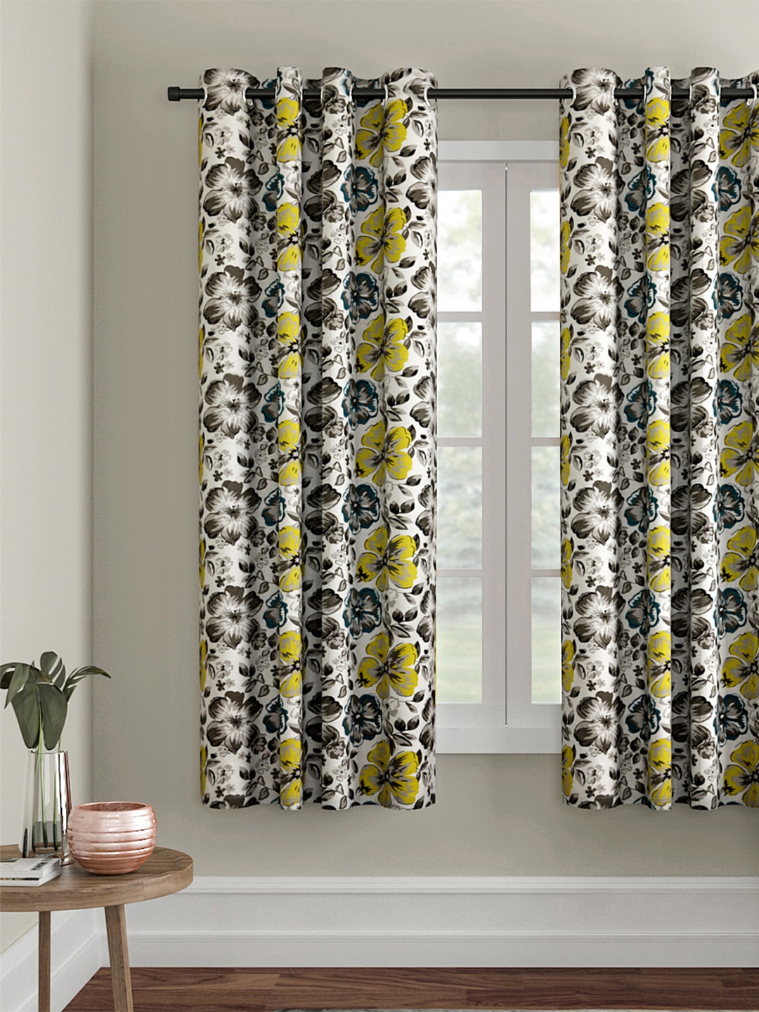 Soumya Grey & Yellow Set of Single Window Curtains