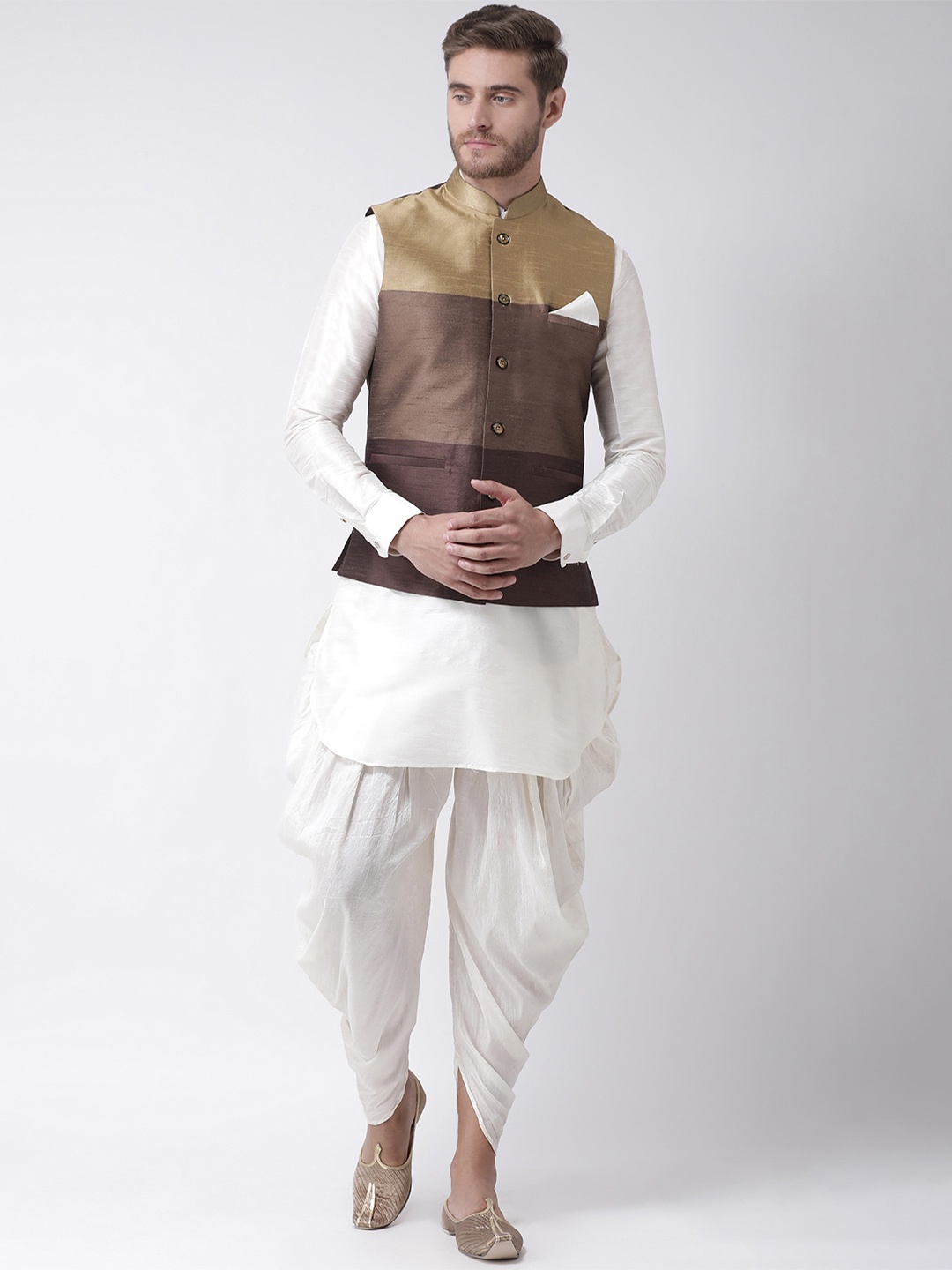 DEYANN Men Off-White & Brown Dupion Silk Kurta Set