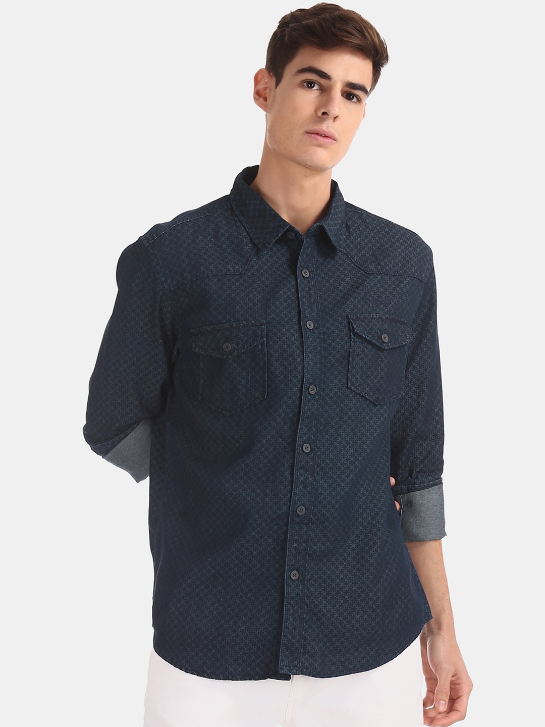 

Cherokee Men Navy Blue Regular Fit Self Design Casual Shirt