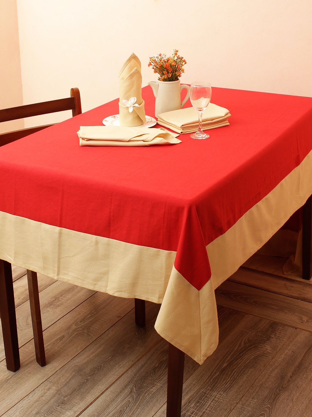 

Soumya Red & Beige Table Cover With Set of 6 Napkins