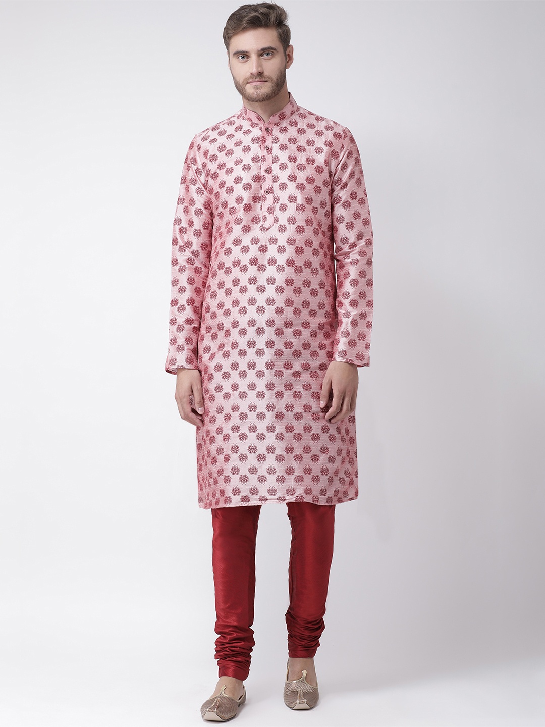 DEYANN Men Pink & Red Printed Kurta with Churidar