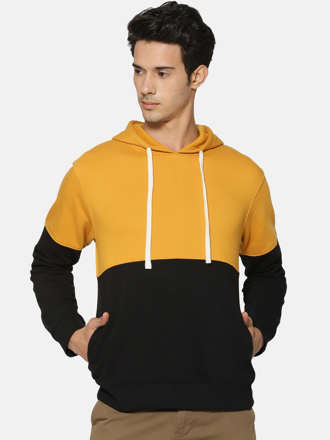 

Campus Sutra Men Mustard Yellow & Black Colourblocked Hooded Sweatshirt