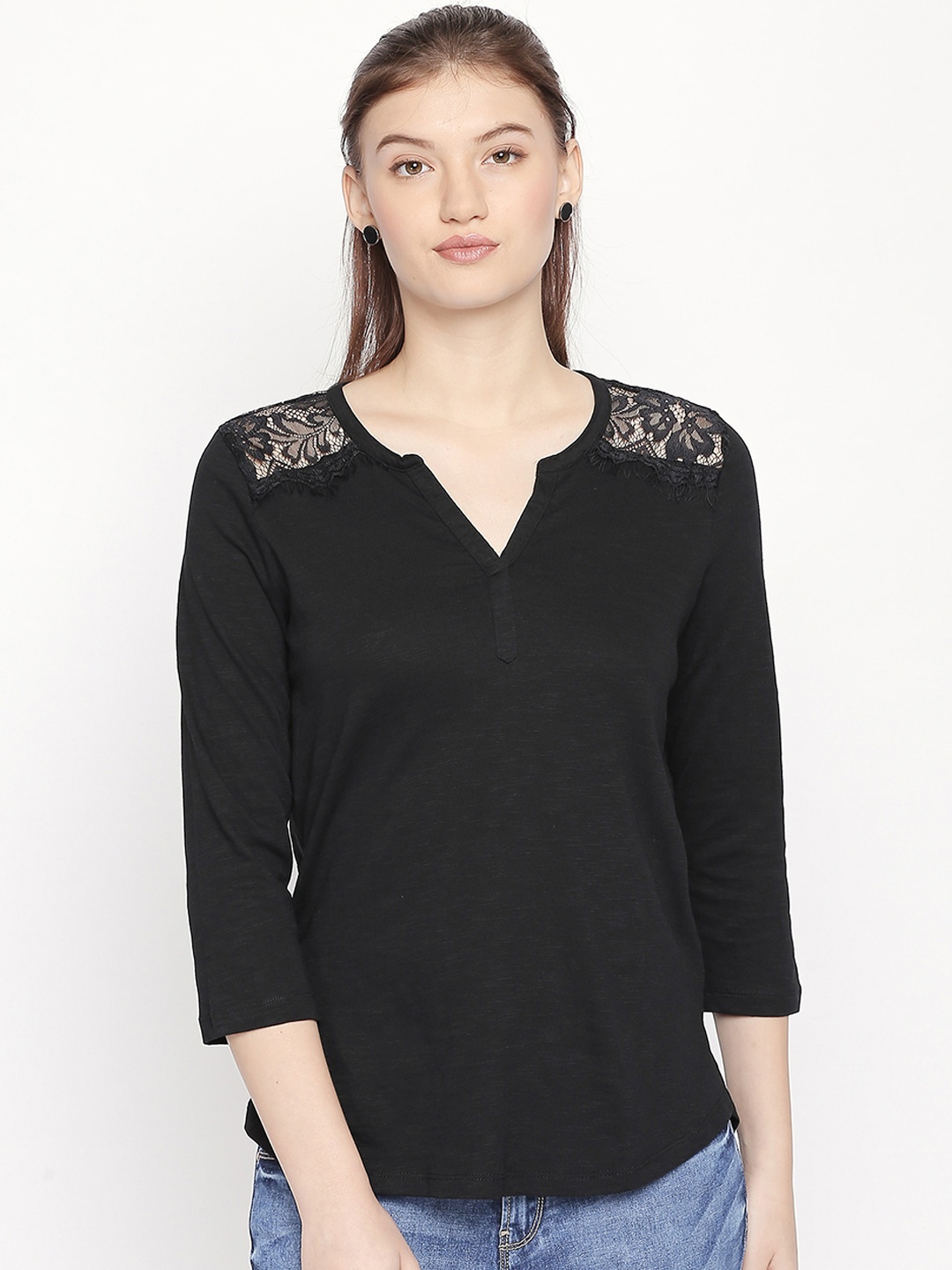 

Honey by Pantaloons Women Black Self Design Pure Cotton Top