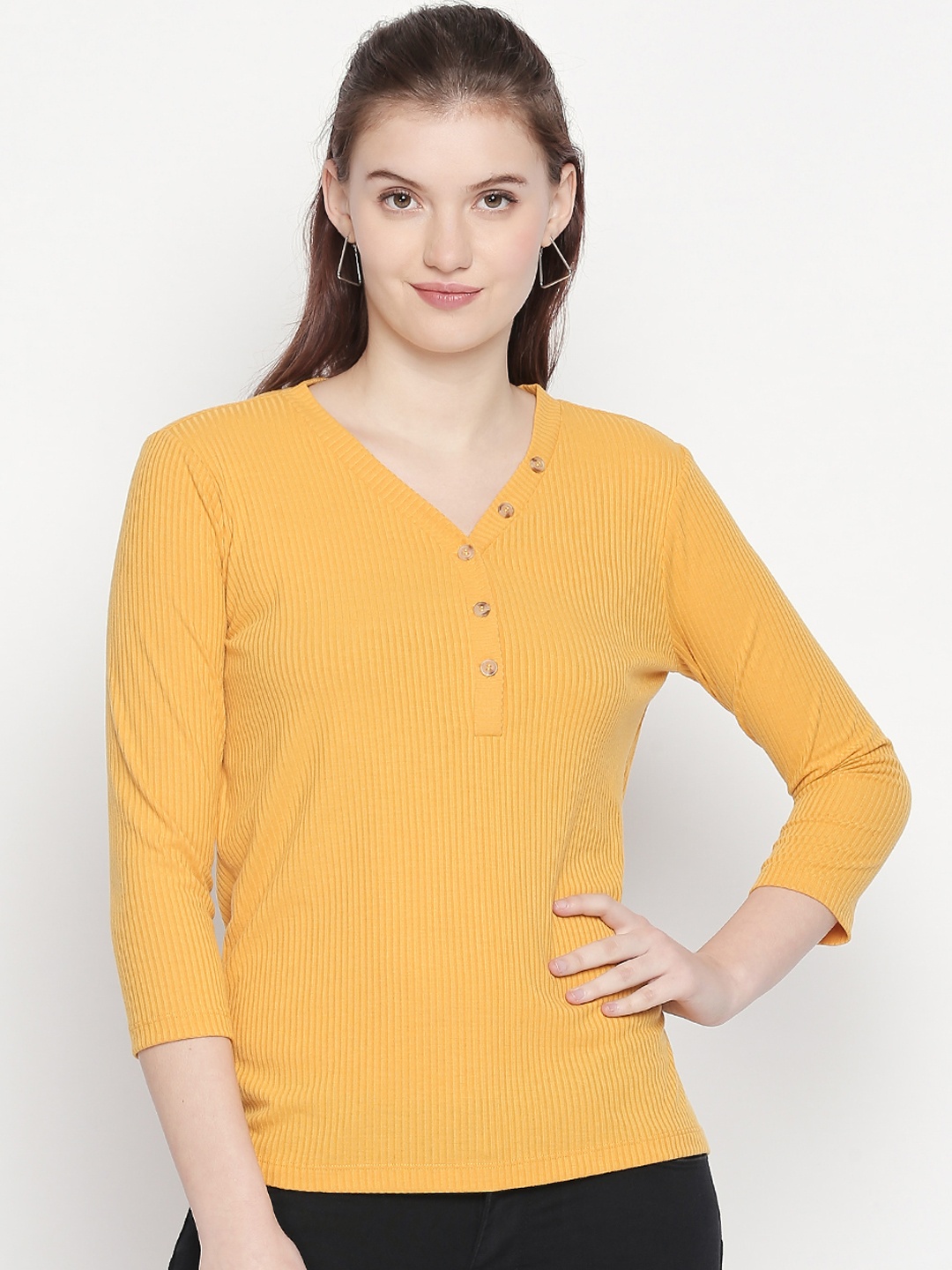 

Honey by Pantaloons Women Mustard Self Design Top