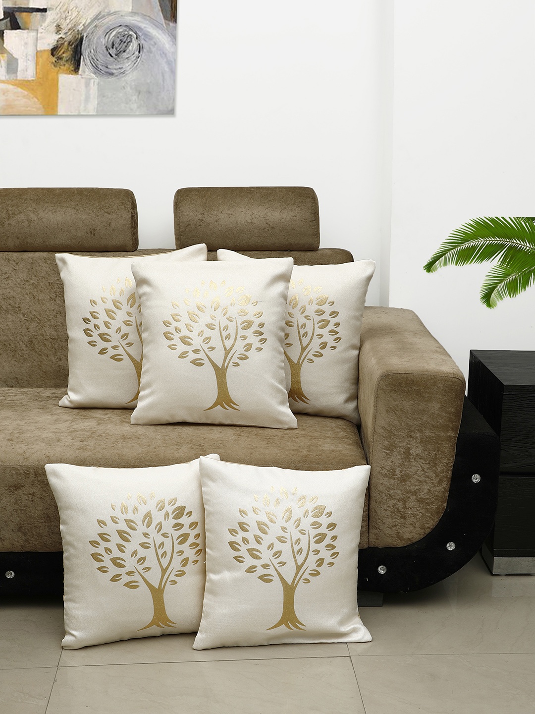 

HOSTA HOMES Cream-Coloured & Gold-Toned Set of 5 Foil Printed Square Cushion Covers
