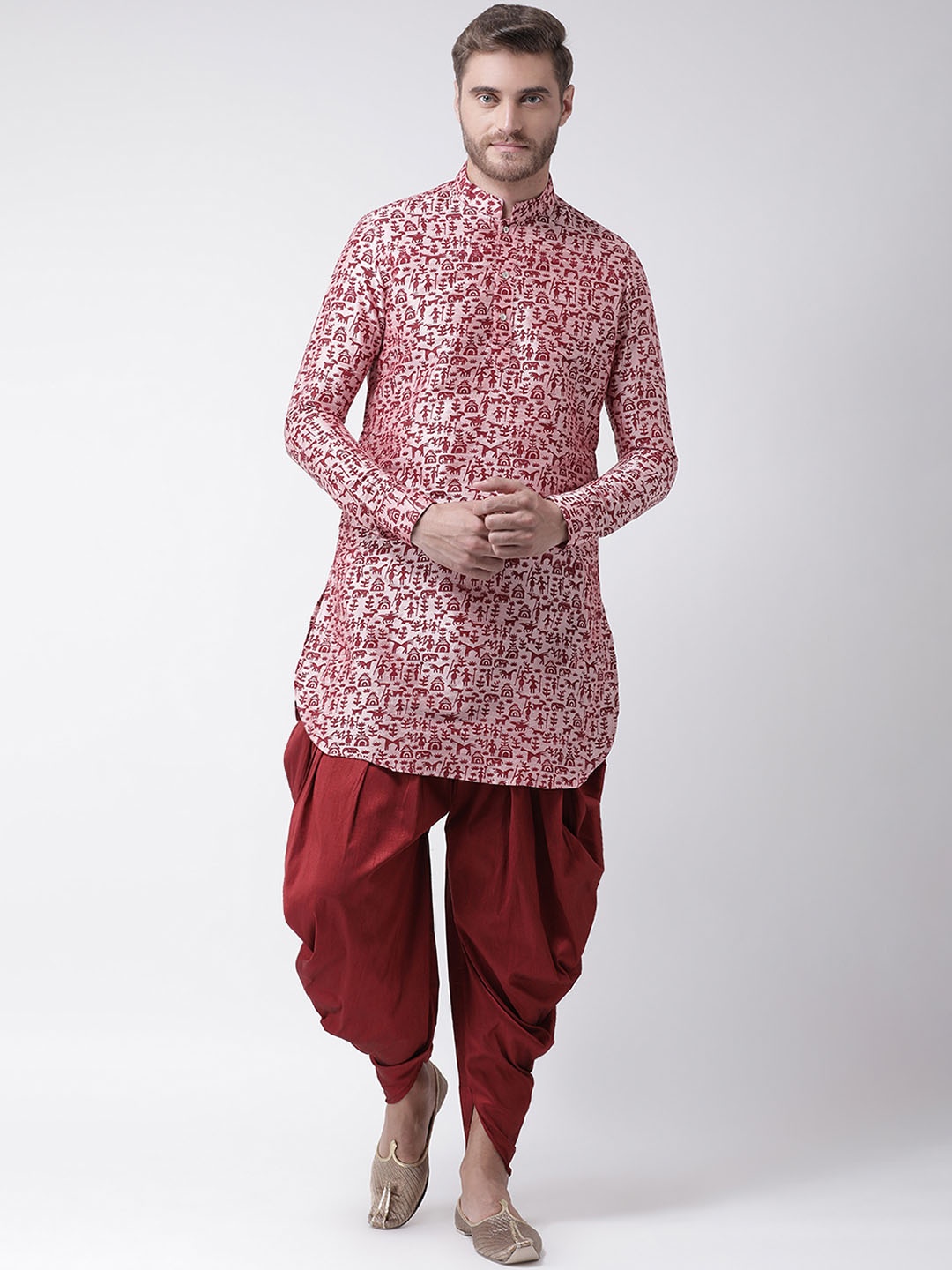 DEYANN Men Pink & Red Printed Kurta with Patiala