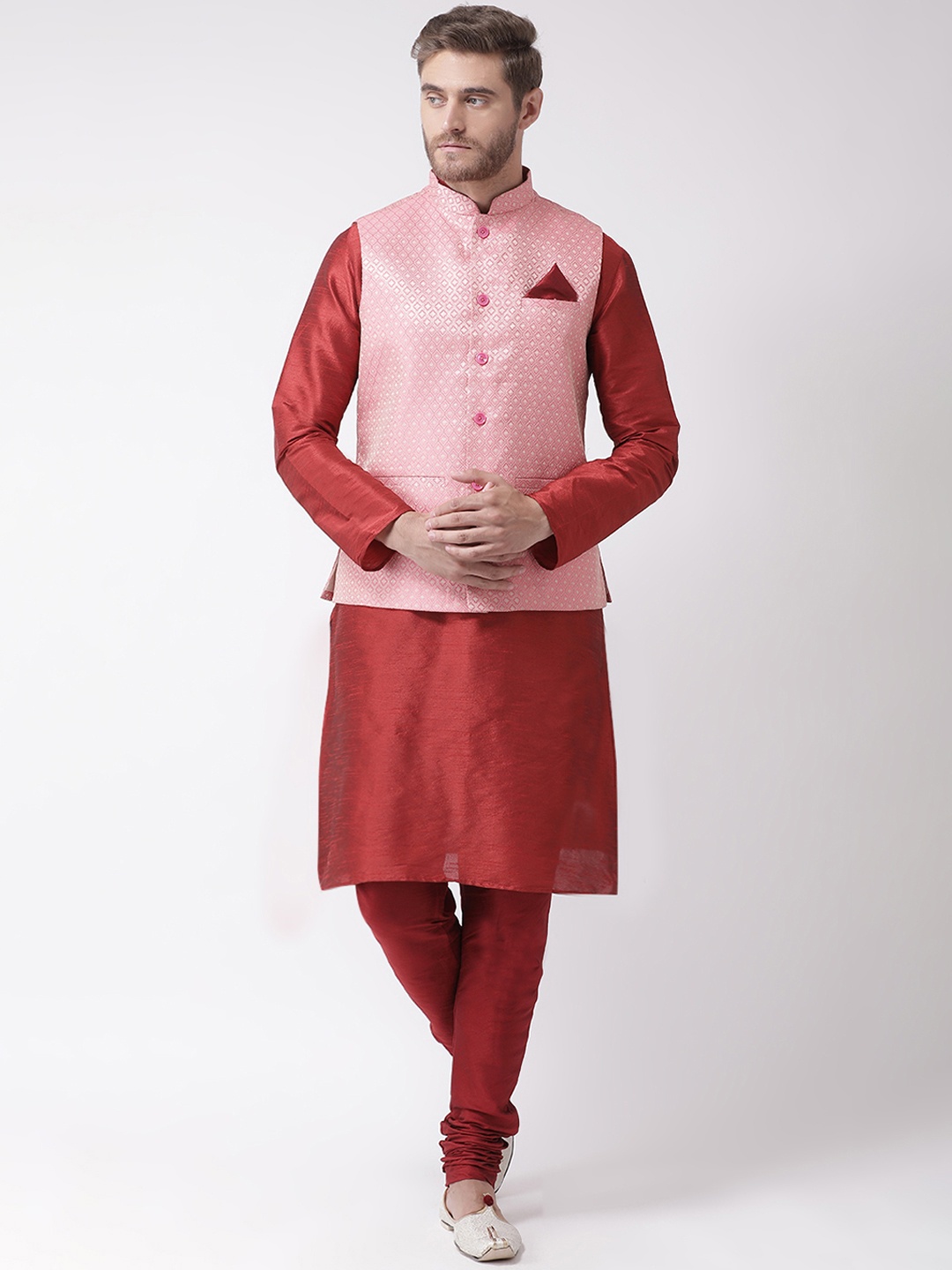 DEYANN Men Red & Pink Dupion Silk Kurta Set