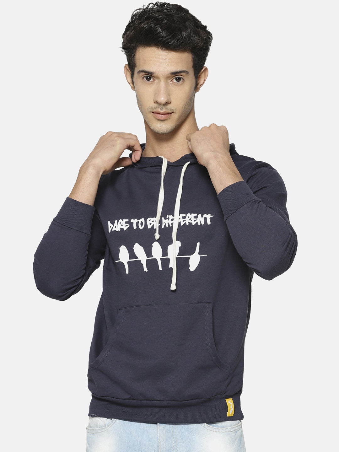 

Campus Sutra Men Navy Blue Printed Hooded Sweatshirt