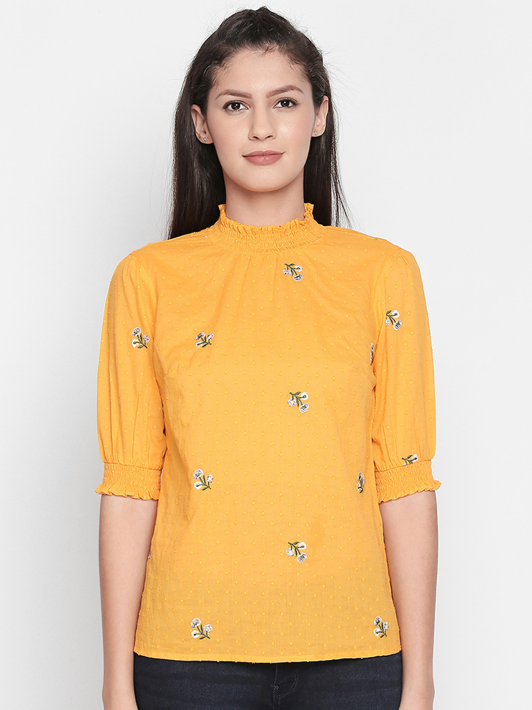 

Honey by Pantaloons Women Mustard Yellow Embellished Pure Cotton Top