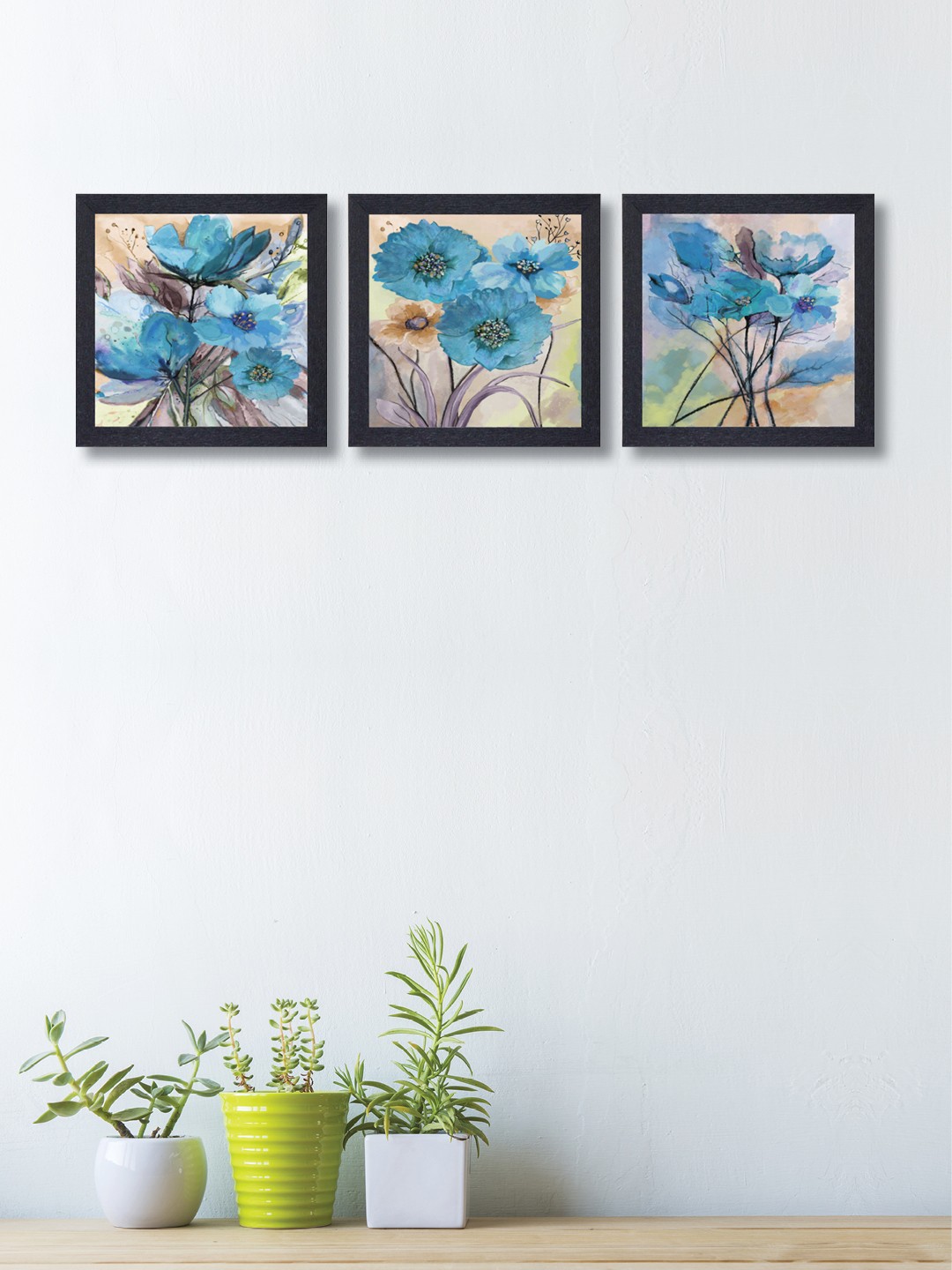 nest ART Set of 3 Black Synthetic Wood Lovely Flowers Wall Art, Blue
