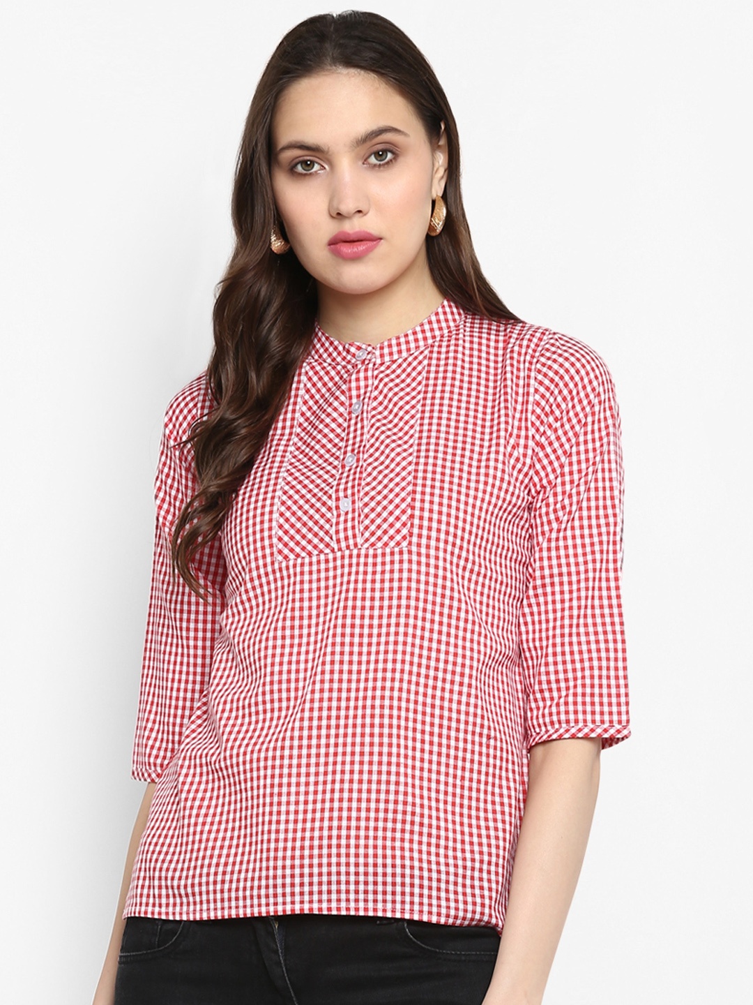 

One Femme Women Pink & White Checked Pure Cotton Top