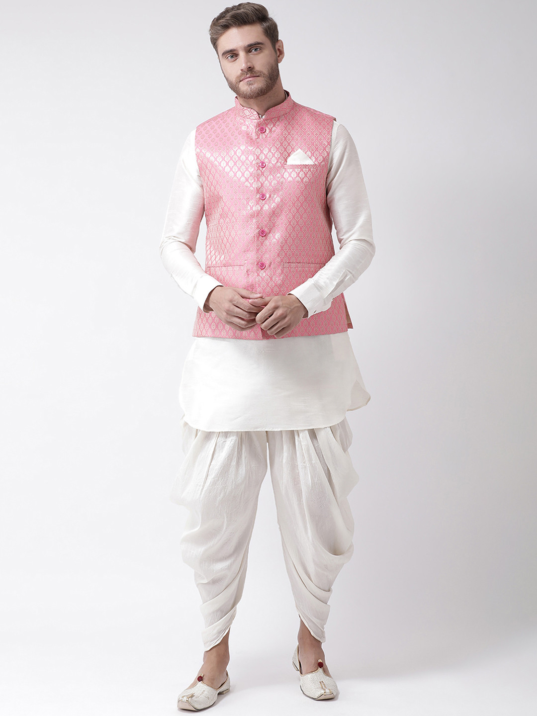 

DEYANN Men Off-White & Pink Dupion Silk Kurta Set