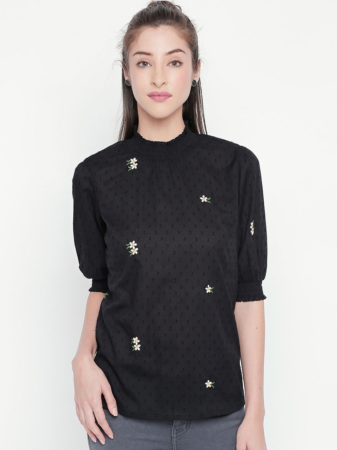

Honey by Pantaloons Women Black Self Design Pure Cotton Top with Floral Embroidery