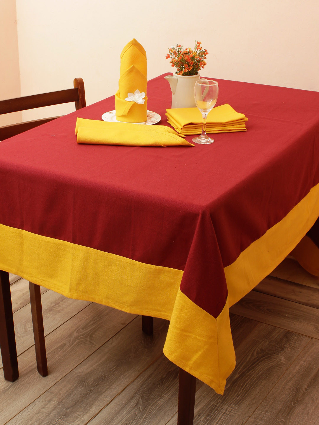 

Soumya Maroon & Yellow Table Cover With Set of 6 Napkins