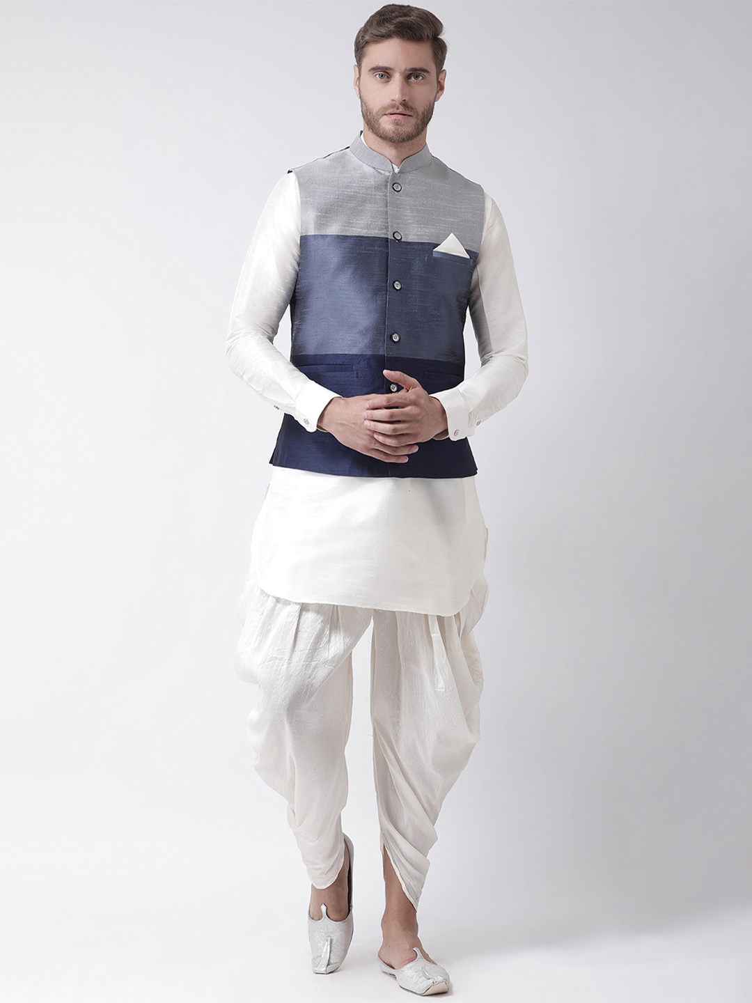 DEYANN Men Off-White & Blue Dupion Silk Kurta Set