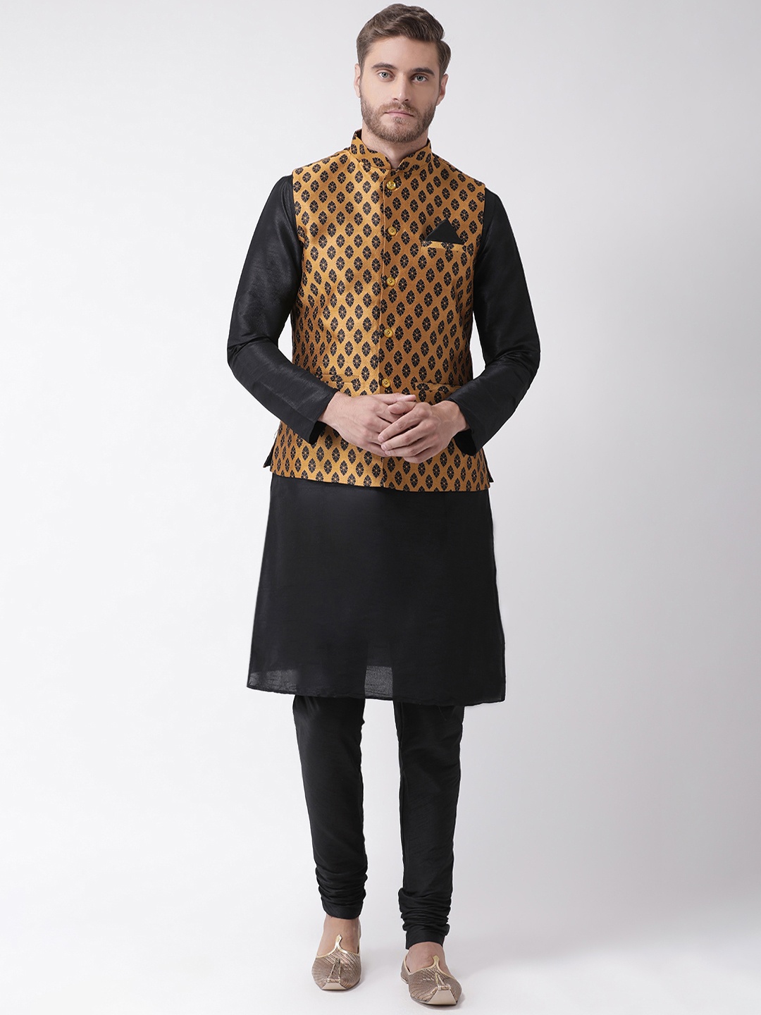 DEYANN Men Black & Brown Dupion Silk Kurta Set