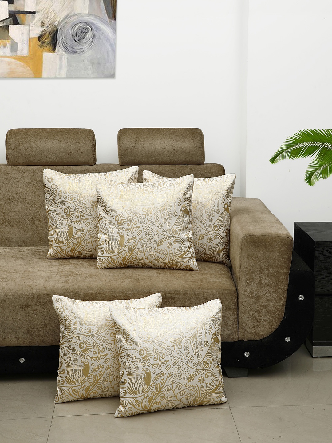 

HOSTA HOMES Cream-Coloured Set of 5 Self Design Square Cushion Covers