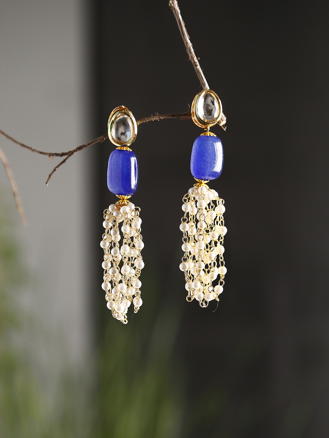 

Bamboo Tree Jewels Blue & Gold-Toned Handcrafted Stone-Studded Beaded Drop Earrings