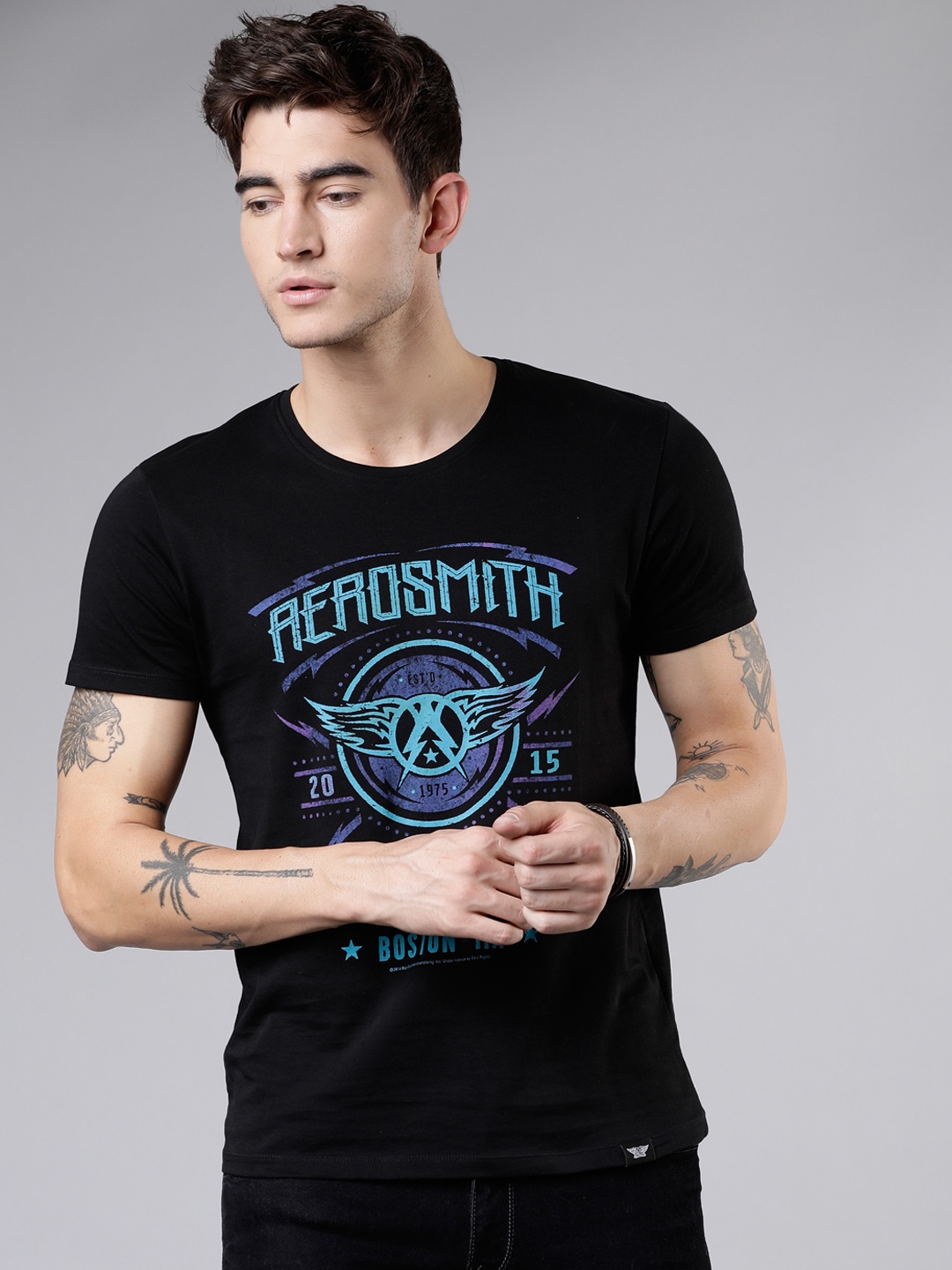

LOCOMOTIVE Men Black Printed Round Neck Slim Fit T-shirt