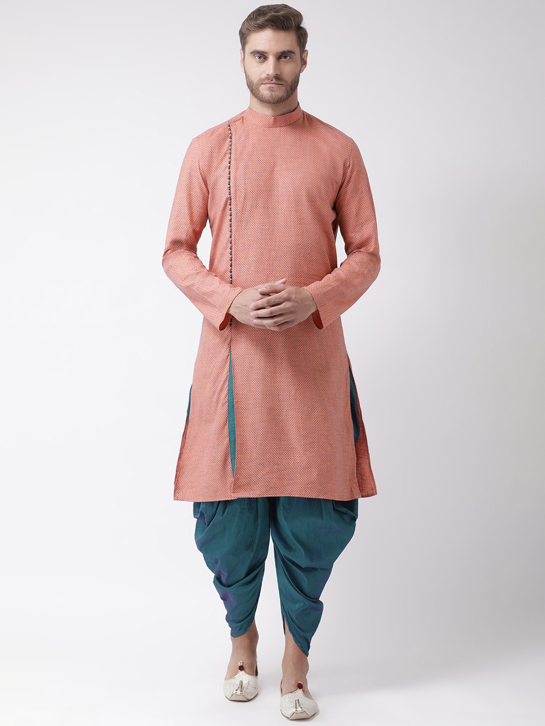 DEYANN Men Orange & Blue Self Design Kurta with Patiala