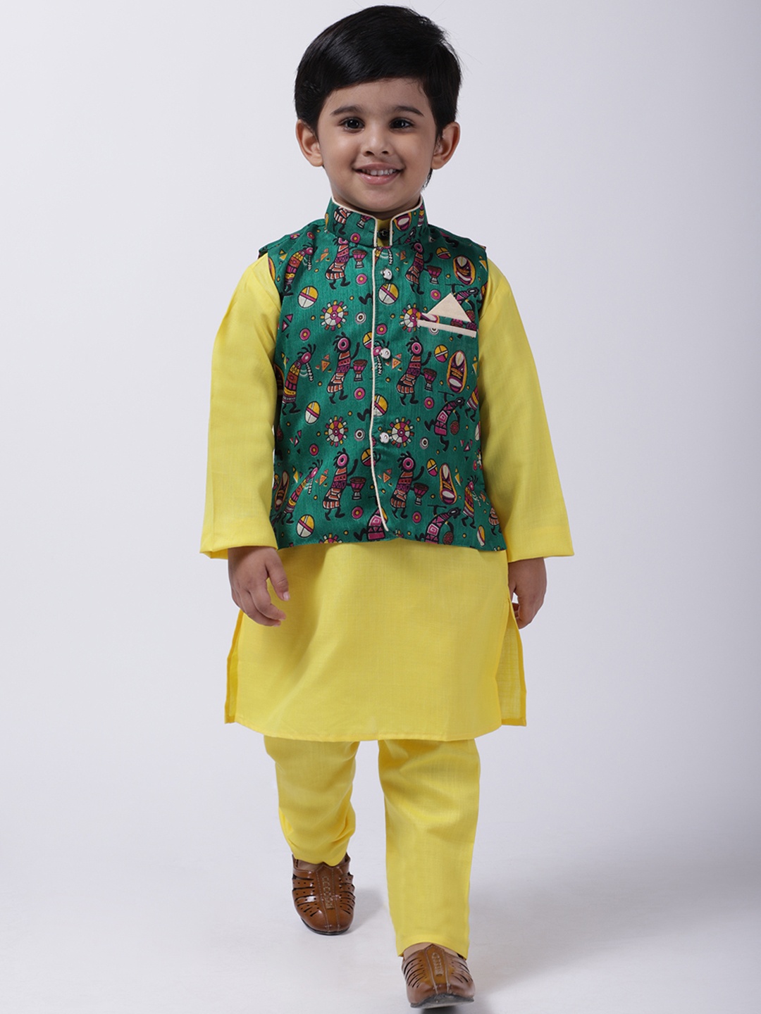 BownBee Boys Green & Yellow Kurta Set With Jacket