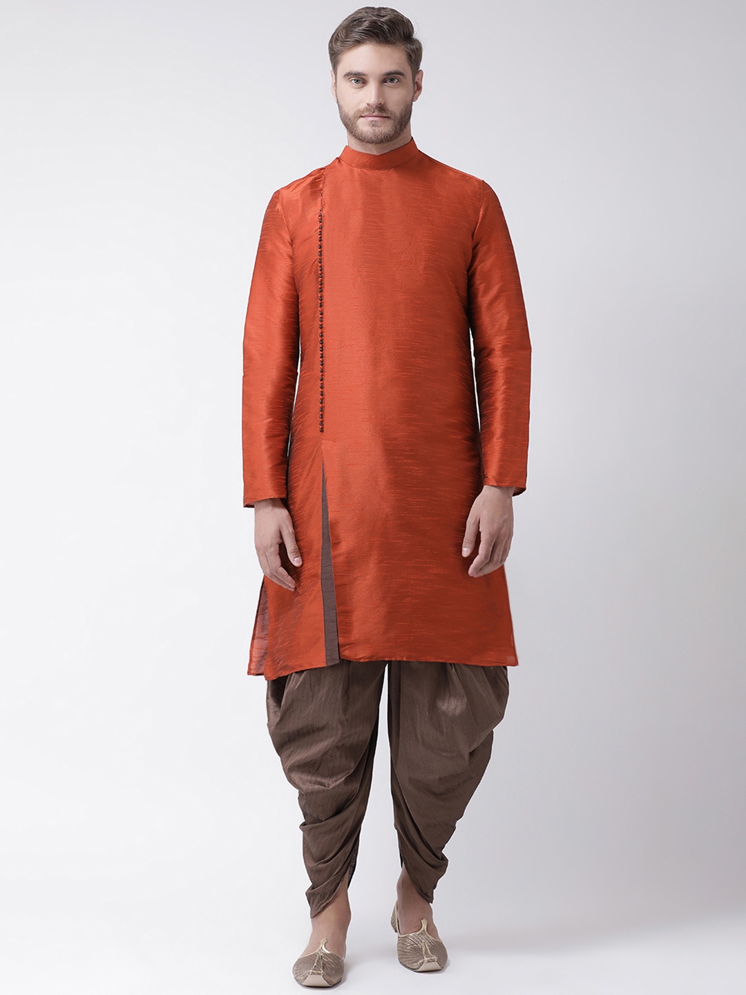

DEYANN Men Orange & Brown Solid Dupion Silk Kurta with Patiala