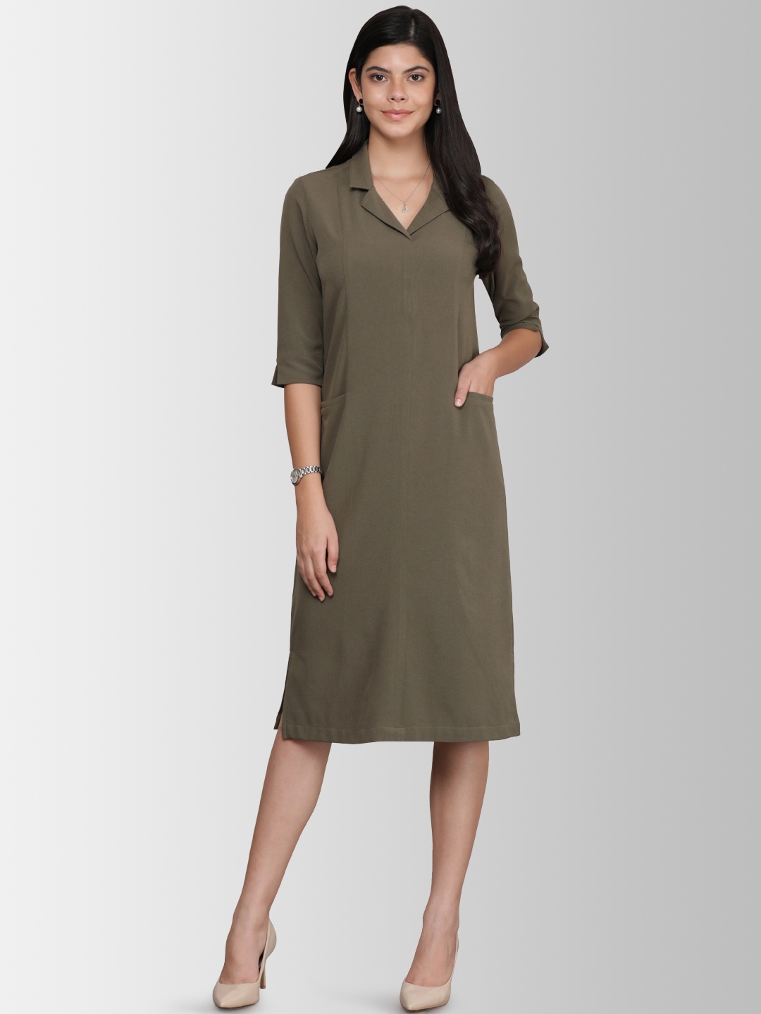 

FableStreet Women Solid Olive Green A-Line Dress
