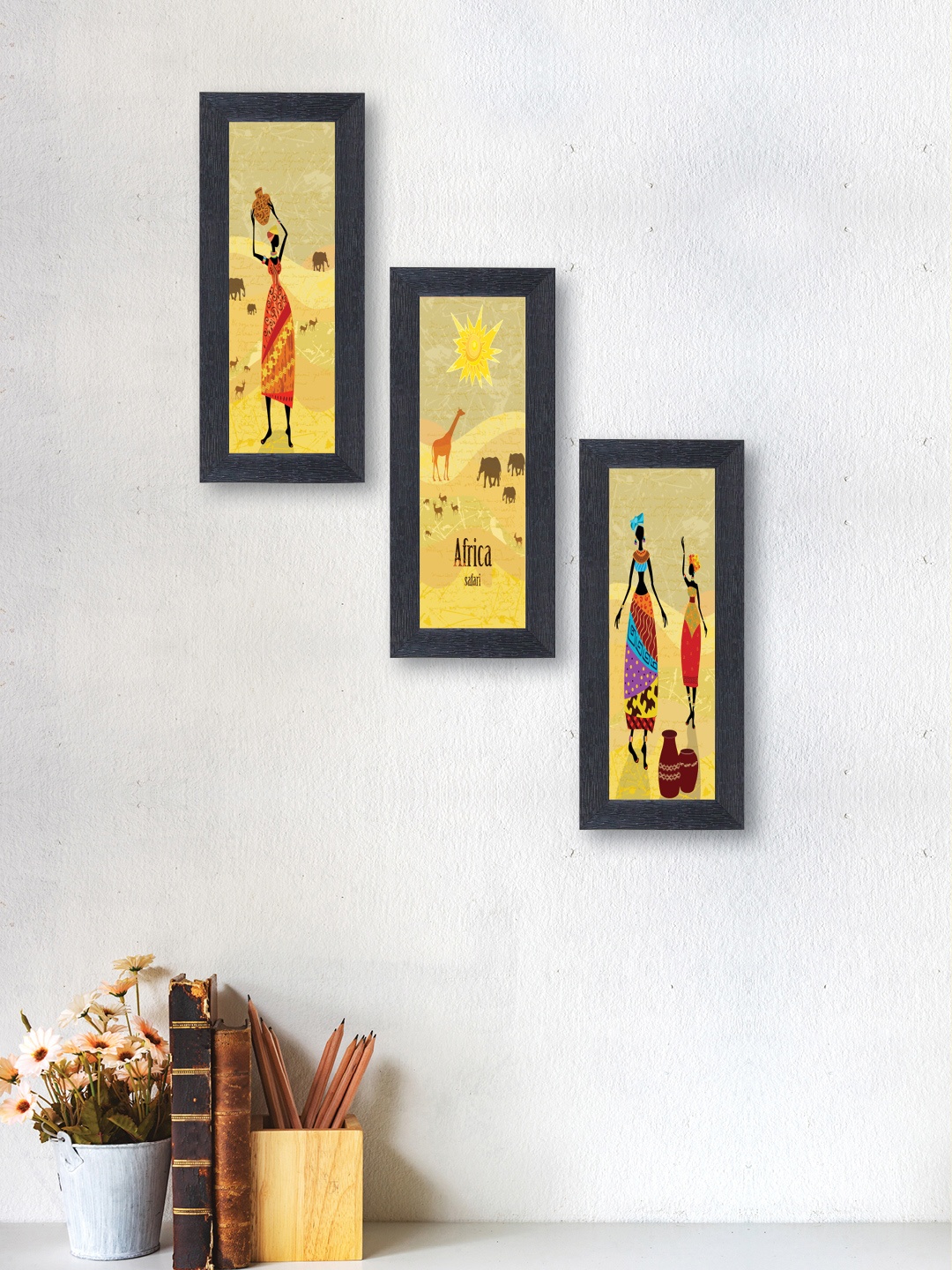 

nest ART Set of 3 Synthetic Wood Africa Safari Paintings Wall Art, Yellow