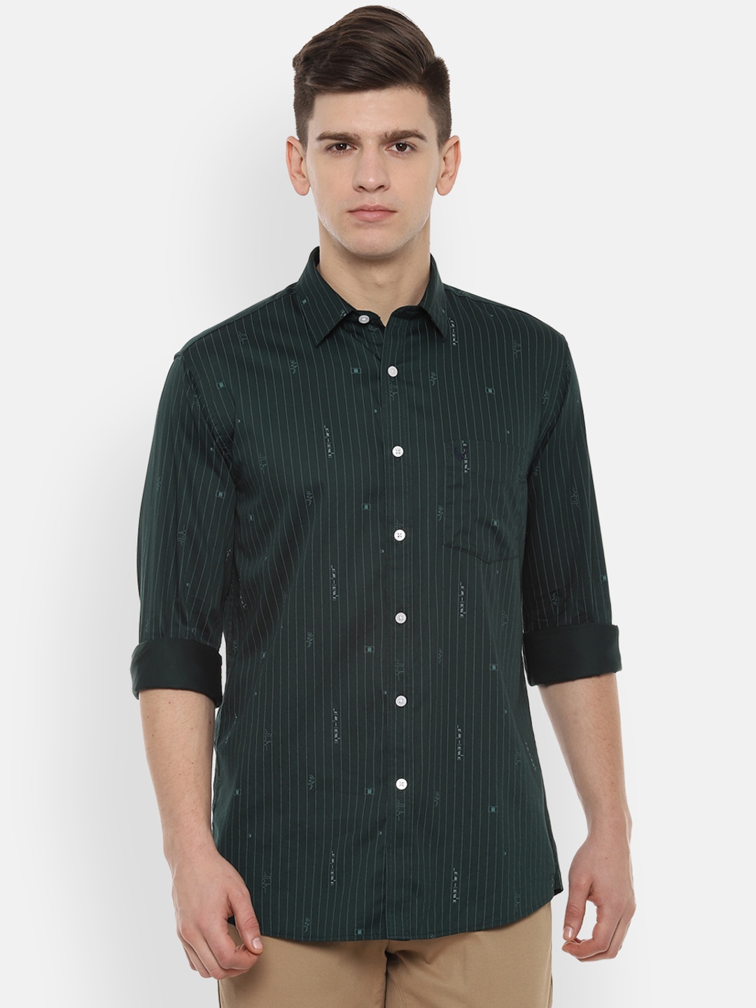 

Allen Solly Men Dark Green Slim Fit Striped Casual Shirt with Printed Detail