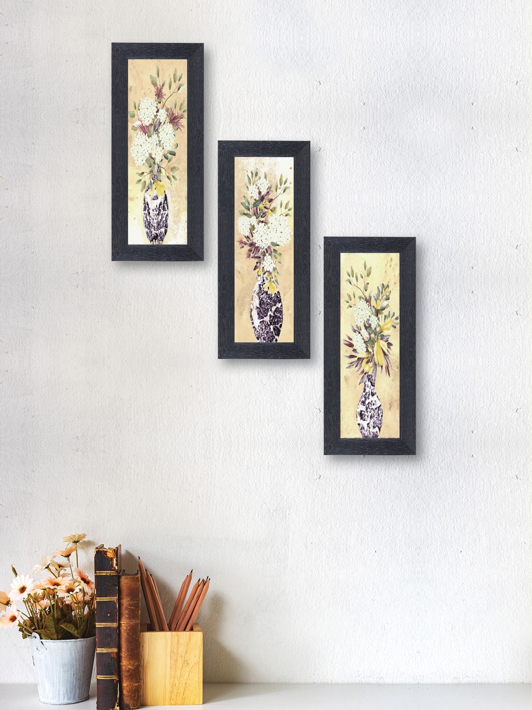 

nest ART Set of 3 Multicoloured Synthetic Wood Flower Pot Wall Art, Beige