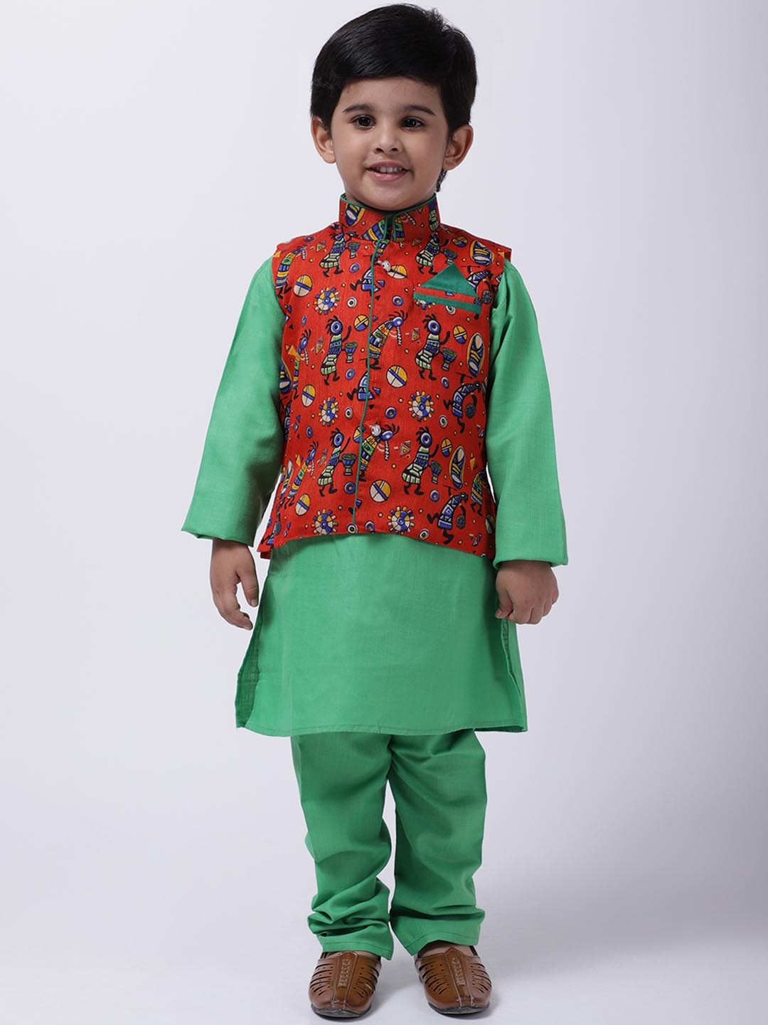 BownBee Boys Green & Orange Kurta Set