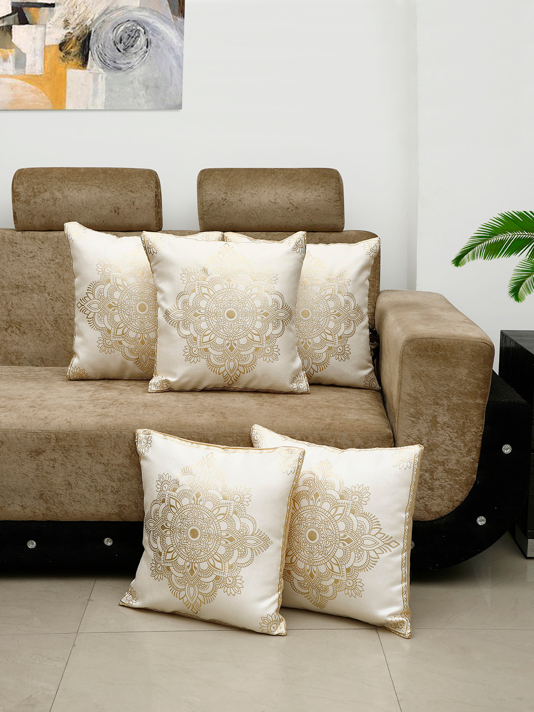 

HOSTA HOMES Cream-Coloured & Gold-Toned Set of 5 Foil Printed Square Cushion Covers