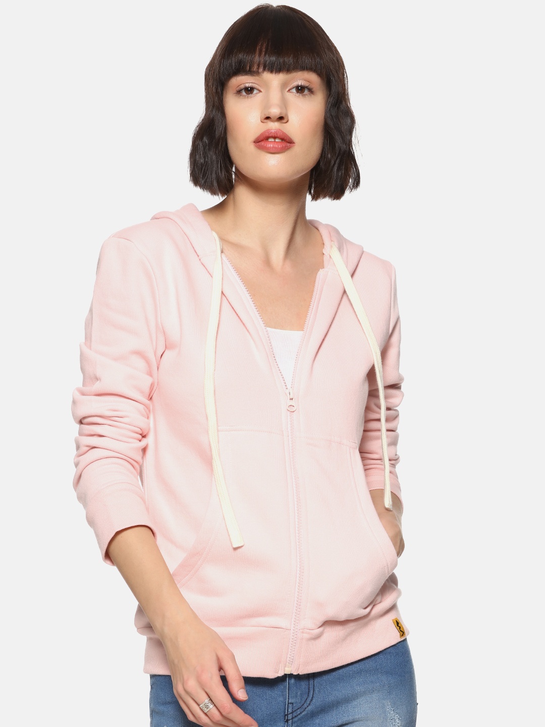 Campus Sutra Women Pink Solid Hooded Sweatshirt