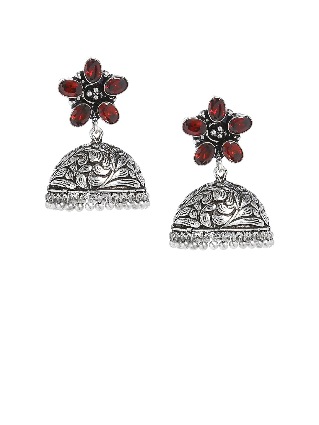 

Bamboo Tree Jewels Maroon & Silver-Toned Dome Shaped Drop Earrings