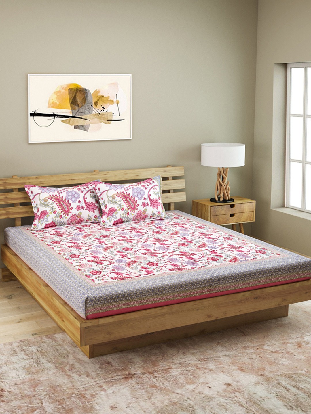 

ROMEE White & Pink Floral 210 TC Cotton 1 King Bedsheet with 2 Pillow Covers