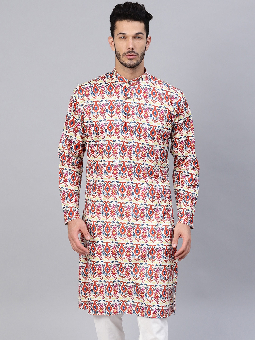 

SOJANYA Men Red & White Printed Straight Kurta